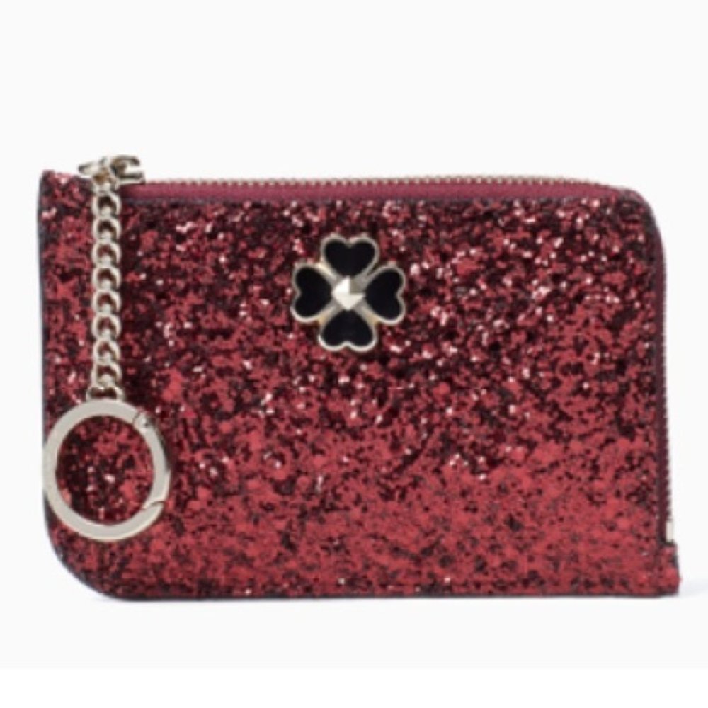 NWT Kate Spade New York Odette Glitter Med L-Zip Card Holder KEYPOUCH Cherry Red